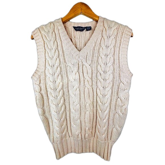 Vintage Men’s 100% Worsted Wool Cable Knit Vest Small Cream USA Calvin Klein - Picture 1 of 3